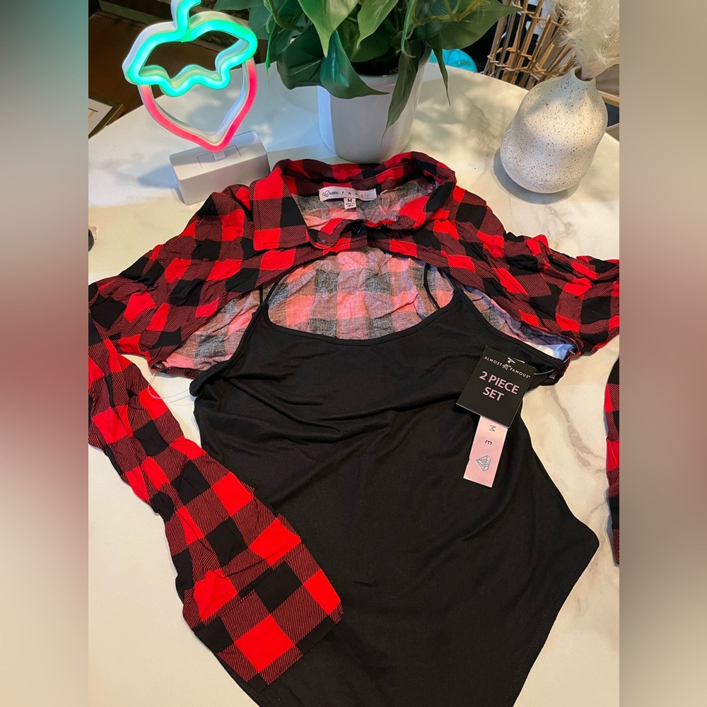 Rave Fame Red and Black Plaid Shirt with Black Bodysuit sz M - Picture 6 of 6